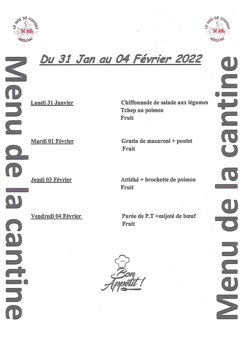 Menu de cantine de la semaine du 31 Janvier  au 04 Février 2022 