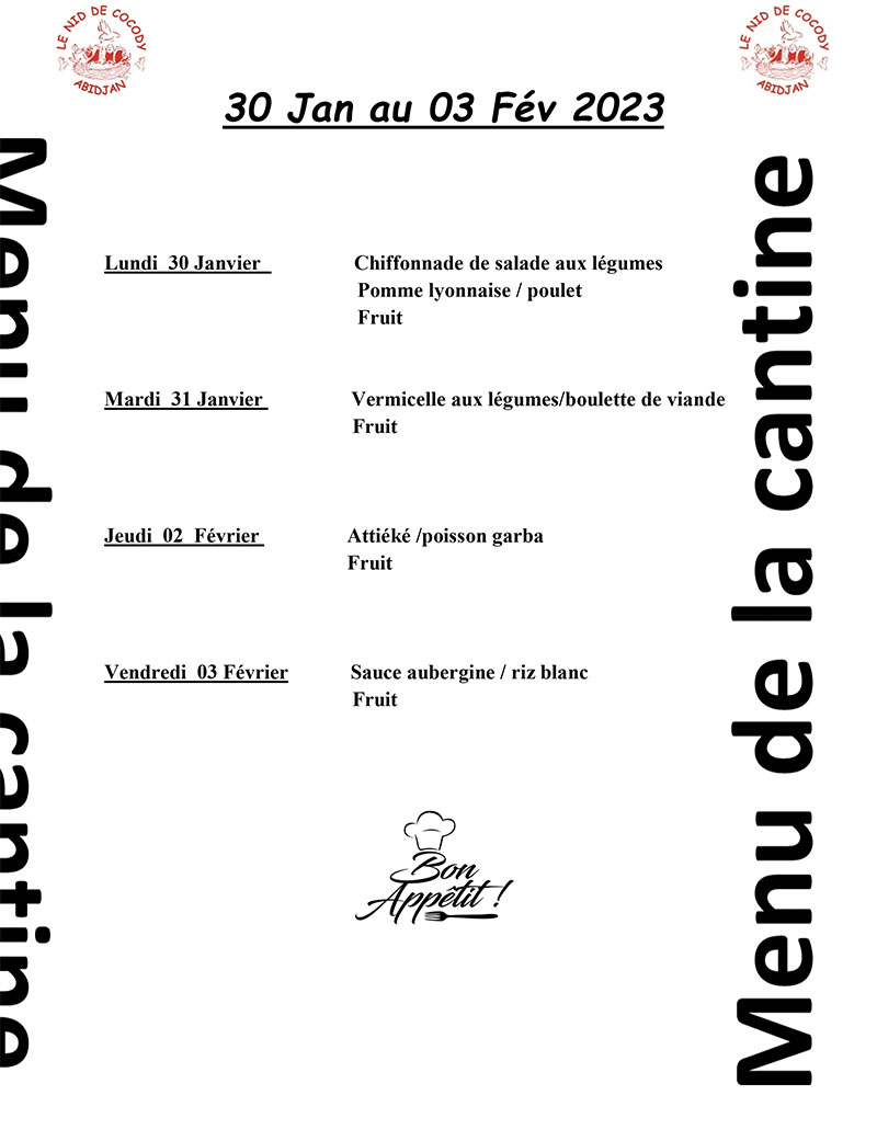 Menu de la cantine de la semaine du 30 Janvier au 03 Février 2023