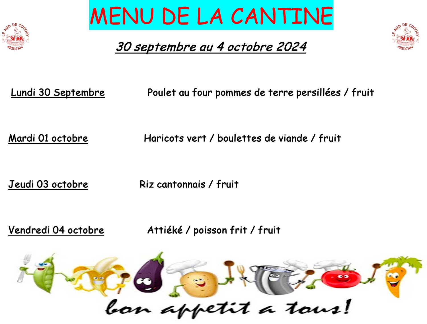 Menu de cantine de la semaine du 30 septembre au 4 octobre 2024