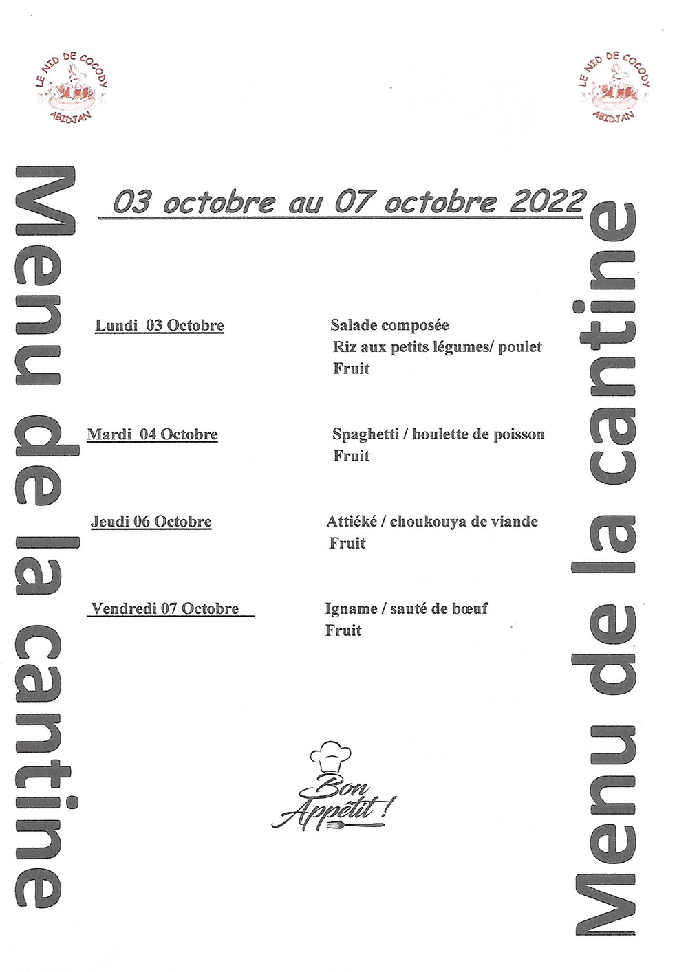 Menu de la cantine de la semaine du 03 au 07 Octobre 2022